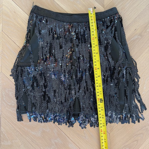 Black & Blue Sequin Fringe over Black Vegan Leather Mini Skirt Size 0-2 - Picture 9 of 9